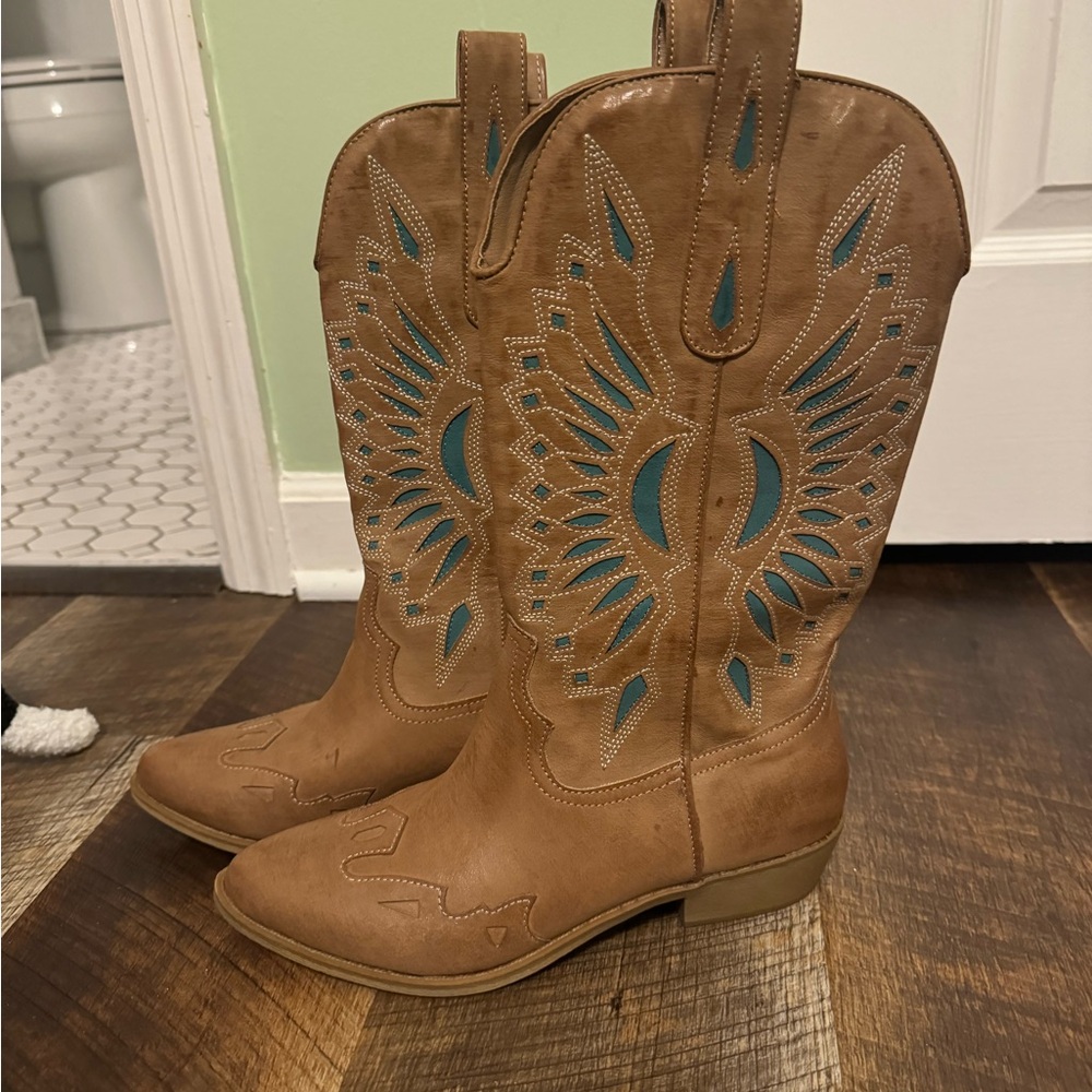 Brown Western Cowboy Boots with Teal Accents